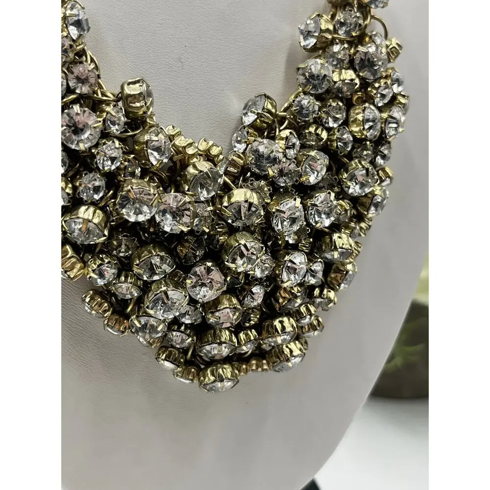 J. Crew Antique Gold Tone Prong Set Rhinestone‎ Cluster Bib Statement Necklace